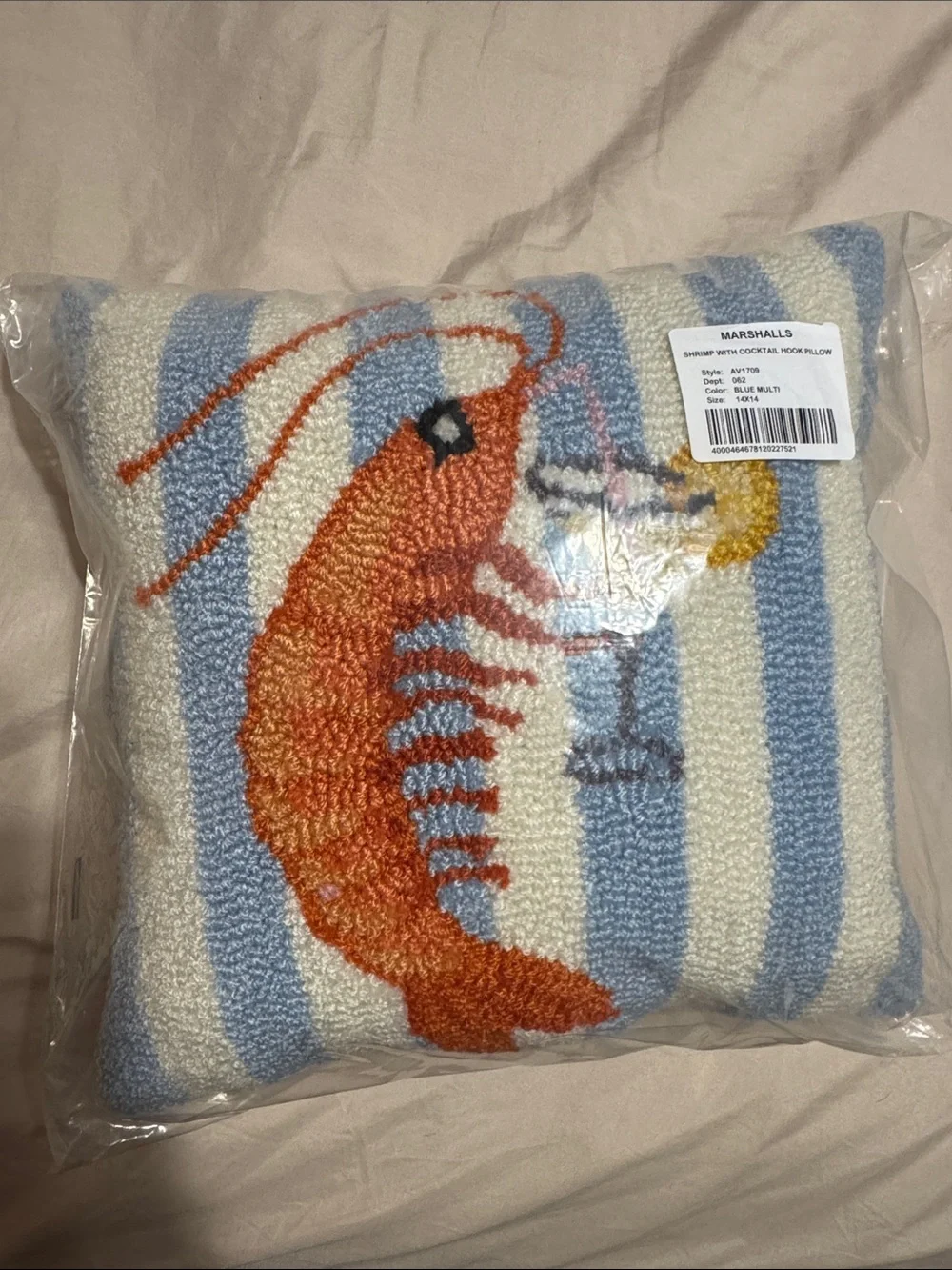 Marshalls Blue, White & Orange Shrimp Hook Pillow